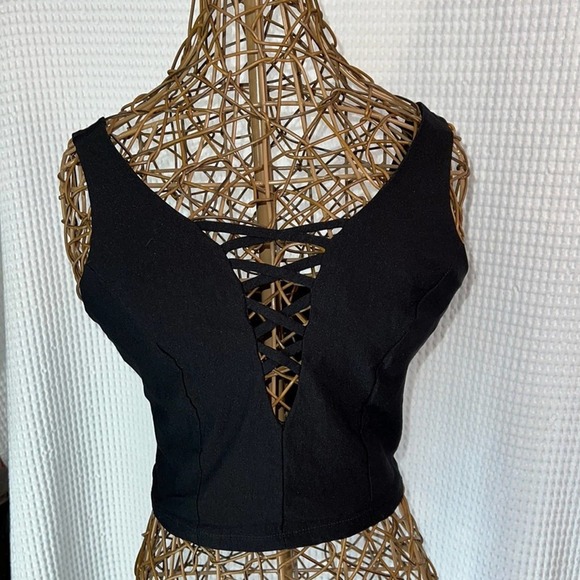 Charlotte Russ Black Criss-Cross Front Top with Zippered Back. Size Small. EUC - Picture 2 of 7